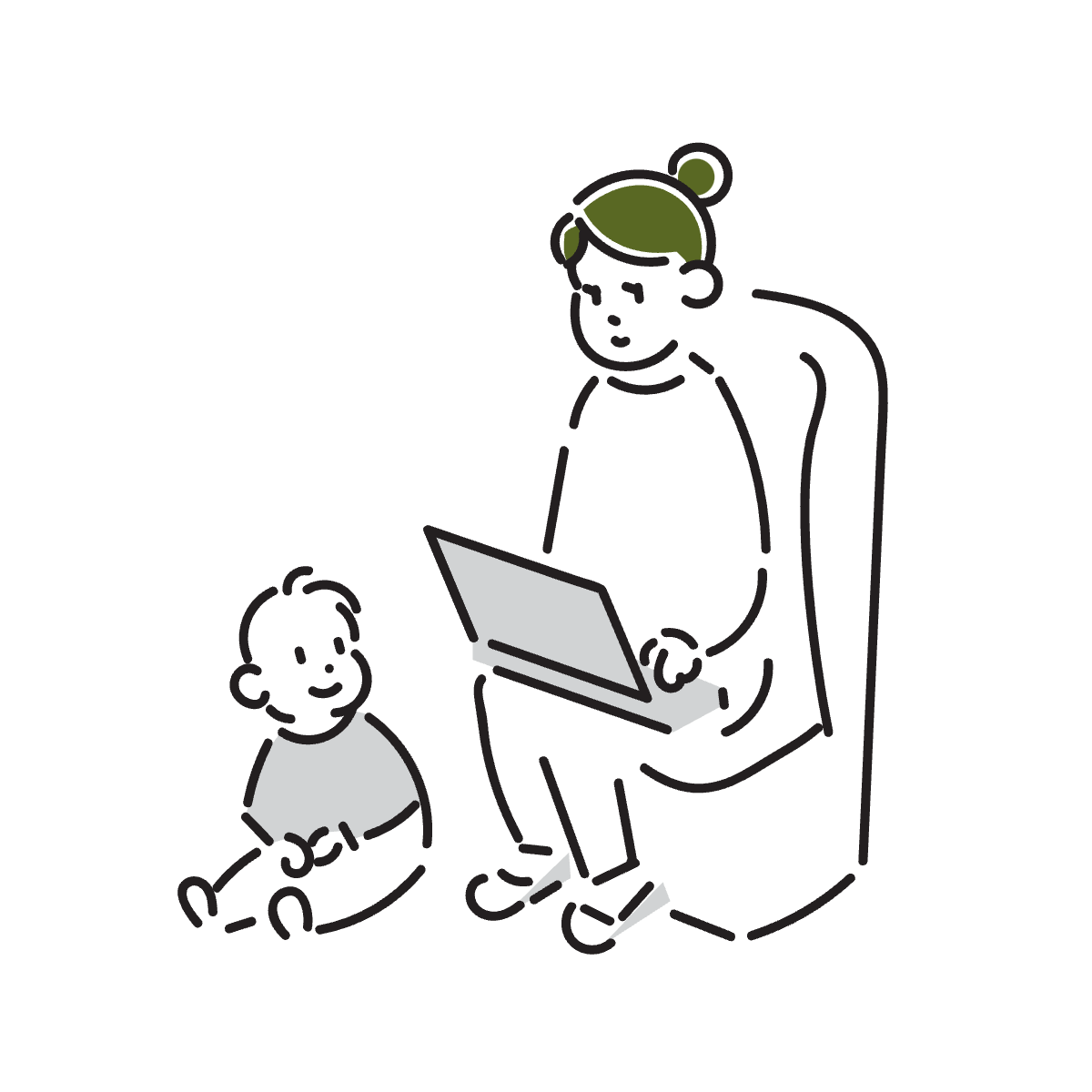 子供とパソコンで仕事をする母親